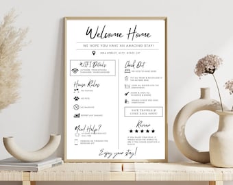 May include: Black and white printable welcome home sign with instructions for guests, including WiFi details, house rules, check out instructions, and a review section. The sign also includes a welcome message and a reminder to enjoy their stay.