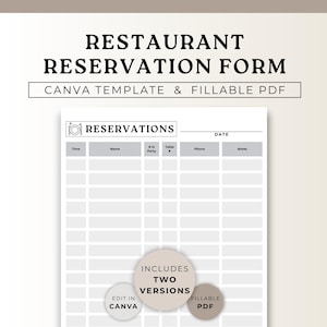 Puede incluir: Un formulario de reserva de restaurante blanco con el texto "RESTAURANT RESERVATION FORM" en la parte superior. El formulario incluye campos para la hora, el nombre, el tamaño del grupo, el número de mesa, el teléfono y las notas. Es una plantilla de Canva y un PDF rellenable.