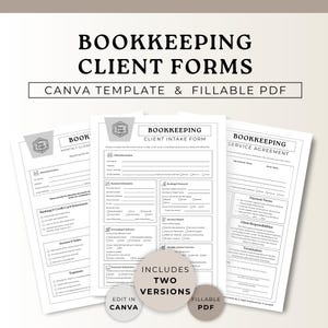 Puede incluir: Se muestran formularios de clientes de contabilidad, incluido un formulario de admisión de clientes y un acuerdo de servicio. Los formularios son en blanco y negro, con el texto "Bookkeeping Client Forms" en la parte superior. Disponible como plantilla de Canva y PDF rellenable.
