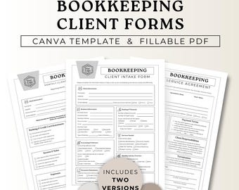 Könnte beinhalten: Gezeigt werden Buchhaltungsformulare für Kunden, darunter ein Kundenaufnahmeformular und eine Servicevereinbarung. Die Formulare sind in Schwarzweiß gehalten, mit dem Text "Bookkeeping Client Forms" oben. Verfügbar als Canva-Vorlage und ausfüllbare PDF.