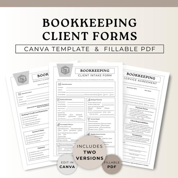 Bookkeeper Client Onboarding Kit, Bookkeeping Client Forms Bundle Canva, Service Agreement Intake Checklist, Bookkeeper Contract Template