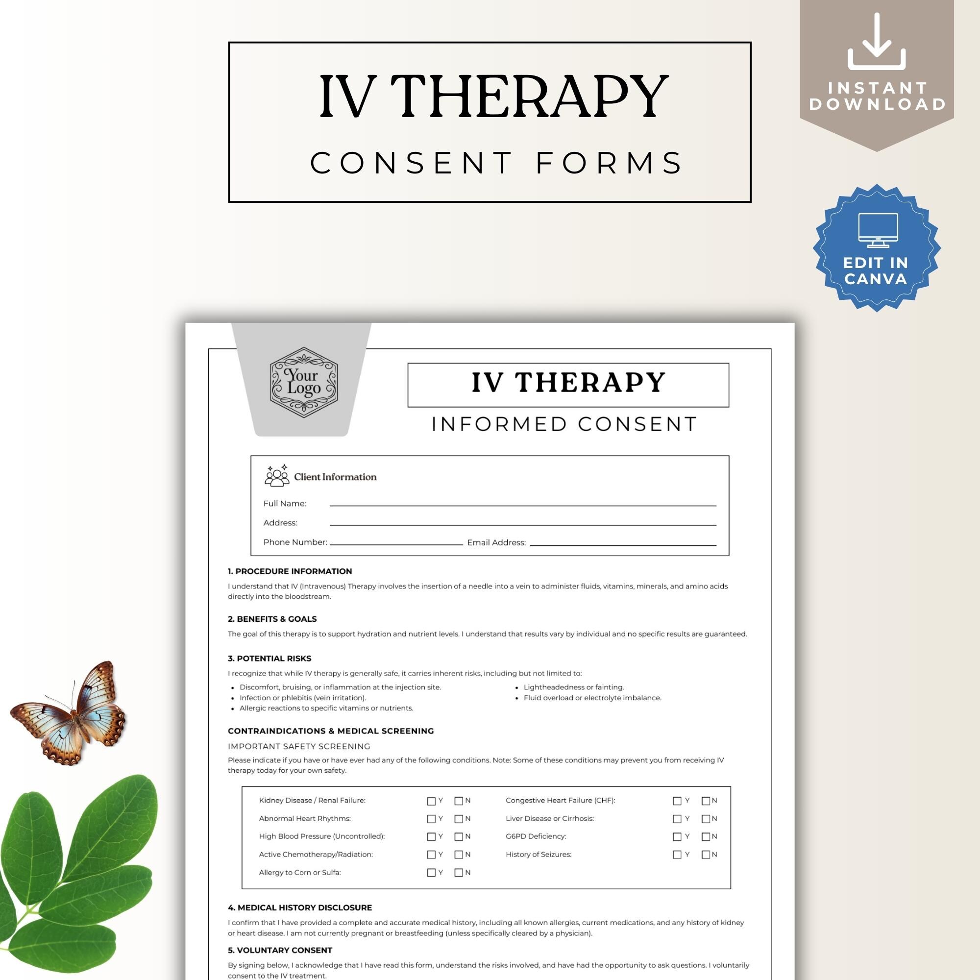 Iv Consent Form IV Therapy Consent Form, Iv Therapy Intake Form, Consent Form for Iv ...