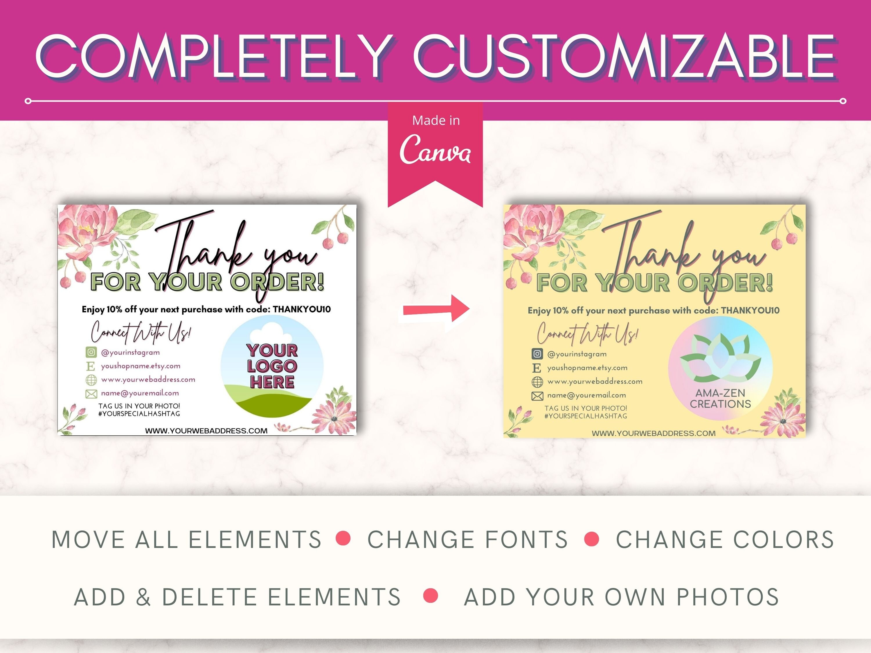 Pink Floral Thank You Card Template, Canva Template, Small Business ...