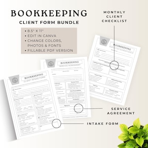 May include: A bookkeeping client form bundle with the text "Bookkeeping Client Form Bundle". The bundle includes an intake form, service agreement, and monthly client checklist. The forms are 21.59 cm x 27.94 cm and can be edited in Canva, with options to change colours, photos, and fonts. A fillable PDF version is available.