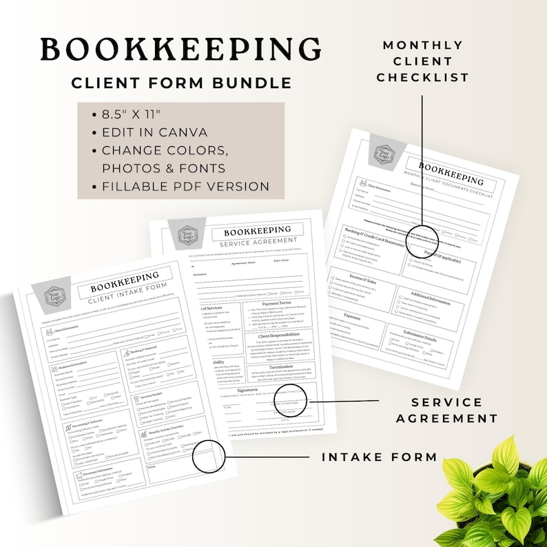 May include: A bookkeeping client form bundle with the text "Bookkeeping Client Form Bundle". The bundle includes an intake form, service agreement, and monthly client checklist. The forms are 21.59 cm x 27.94 cm and can be edited in Canva, with options to change colours, photos, and fonts. A fillable PDF version is available.