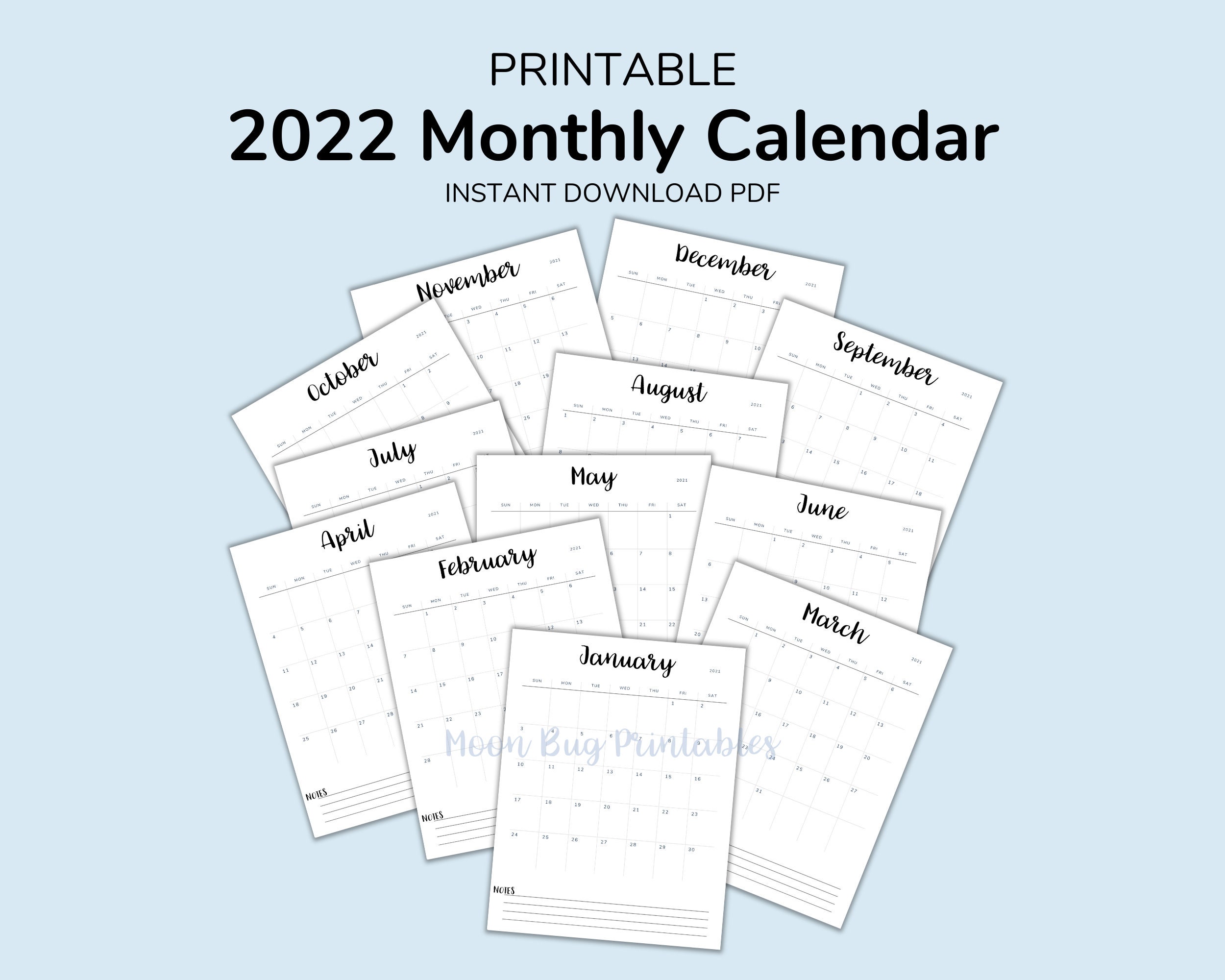 2022 calendar digital download pdf printable monthly etsy