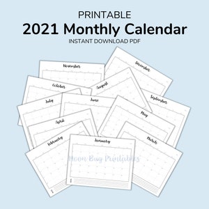 2021 Calendar, Digital Download, PDF Printable, Monthly Calendar