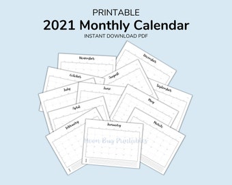 2021 Calendar, Digital Download, PDF Printable, Monthly Calendar