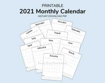 2021 Calendar, Digital Download, PDF Printable, Monthly Calendar