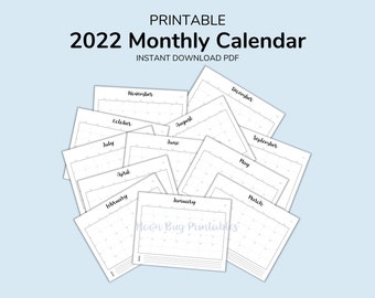 2022 Calendar, Digital Download, PDF Printable, Monthly Calendar