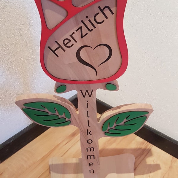 Holzstele, Hochzeitgeschenke Personalisiert, Hauseingang Schild, Herzlich Willkommen, Rose, Geschenk, Personalisierbar