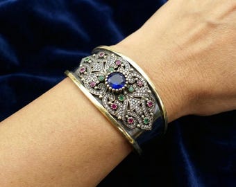 Ottoman Silver Cuff Bracelet, Sapphire & Emerald Gemstones, Turkish Bangle