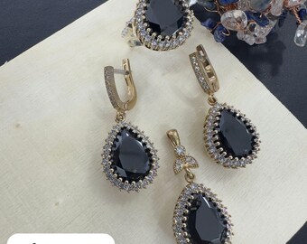 925 Sterling Silver Ottoman Jewelry Set, Black Onyx Hurrem Sultan Necklace Earrings Ring, Teardrop Gemstone, Authentic Turkish Jewelry