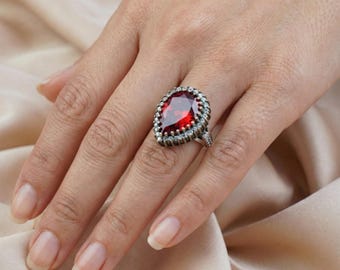Handmade Garnet Sterling Silver Ring, Authentic Ottoman Design