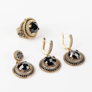 Onyx Set, Authentic Set, Handmade Women Set, Turkish Handmade, Ladies Jewelry Set, Earring, Ladies Set, 925 Sterling Silver, Gold Plated Set