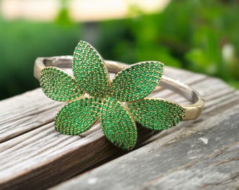 Emerald Green Flower Cuff: 925 Sterling Silver Bangle Bracelet