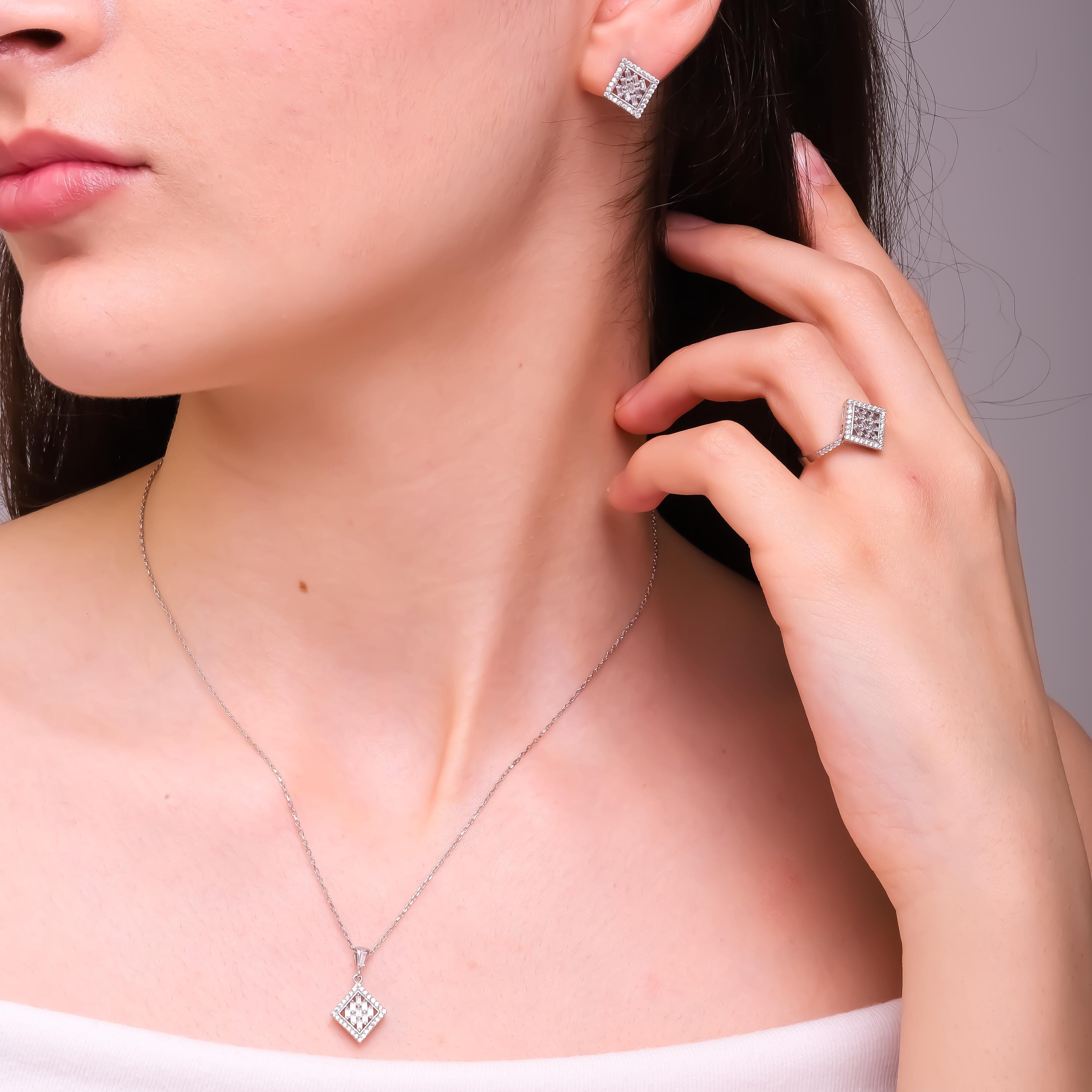アクセサリー Pure silver set ring and necklace Sterling Silver Jewelry Set: Diamond Necklace, Earrings, Zircon
