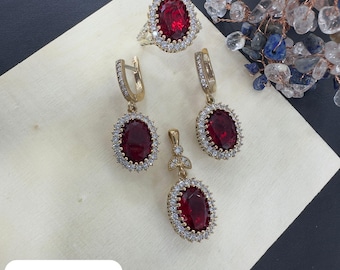 Handmade Ruby Jewelry Set: 925 Sterling Silver Zircon Ring, Earrings, Pendant