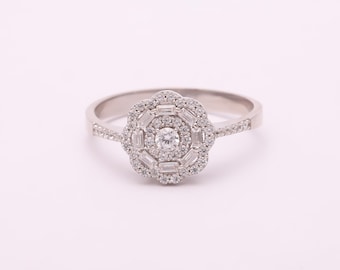 Vintage Floral Halo Ring: Cubic Zirconia Flower Engagement Ring