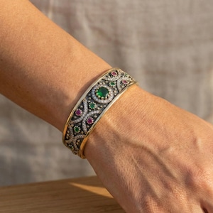 Ottoman Emerald Cuff Bracelet, Turkish Silver Gold Bangle, Adjustable