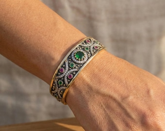 Ottoman Emerald Cuff Bracelet, Turkish Silver Gold Bangle, Adjustable