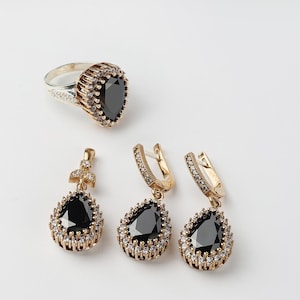Black Set, Authentic Set, Handmade Set Women, Turkish Handmade, Ladies Jewelry Set, Earring, Pendant, Ladies Set, 925k Sterling Silver