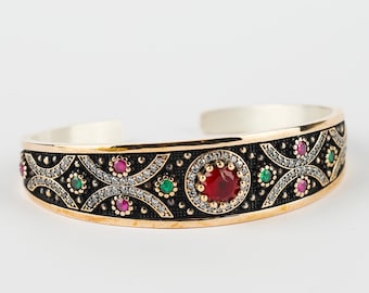 Handmade Ottoman Ruby Bracelet, 925k Sterling Silver Bangle Cuff, Zircon Gemstone, Turkish Jewelry