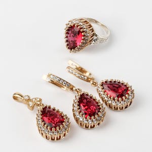 Ruby Set, Authentic Set, Handmade Set Women, Turkish Handmade, Ladies Jewelry Set, Earring, Pendant, Ladies Set, 925k Sterling Silver, Jewel