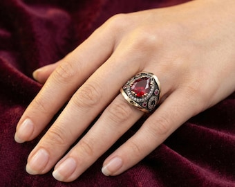 uby Teardrop Ring | Ottoman Vintage 925 Silver | Red Stone Statement Ring