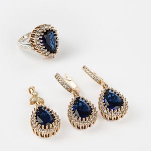 Sapphire Ladies Set, Authentic Set, Handmade Set Women, Turkish Handmade, Ladies Jewelry Set, Earring, Ladies Set, 925k Sterling Silver Set,