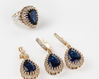 Handmade Sapphire Jewelry Set: 925k Sterling Silver Ottoman Style