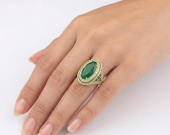 Oval Emerald Ottoman Ring, 925 Sterling Silver, Zircon Accents, Turkish Statement Jewelry