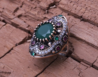 Green Agate Sterling Silver Ring – Handmade Bohemian Ottoman Gemstone Ring for Women