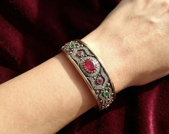 Ottoman Ruby Cuff Bracelet, 925 Sterling Silver Bangle