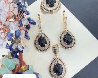 Handmade Ottoman Style 925 Silver Sapphire Jewelry Set, Teardrop Zircon Earrings, Statement Ring Gift