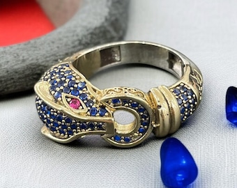 Handmade Sterling Silver Tiger Ring, Blue Stone, Bold Statement Jewelry