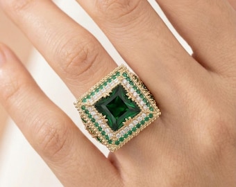 Handmade 925 Sterling Silver Ottoman Emerald Ring, Turkish Jewelry