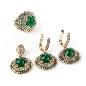 Emerald Ladies Set, Authentic Set, Handmade Set Women, Turkish Handmade, Ladies Jewelry Set, Earring, Ladies Set, 925k Sterling Silver Set,