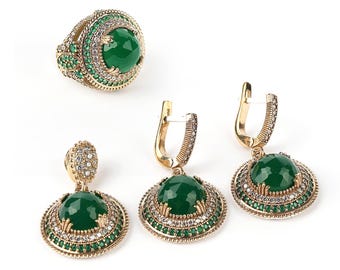 Handmade Emerald Sterling Silver Jewelry Set: Turkish Ottoman Style