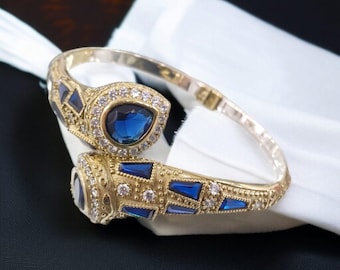 Sapphire Ottoman Bracelet: Handmade 925 Sterling Silver Bangle Cuff