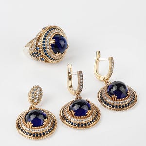 Sapphire Ladies Set, Authentic Set, Handmade Set Women, Turkish Handmade, Ladies Jewelry Set, Earring, Ladies Set, 925k Sterling Silver Set