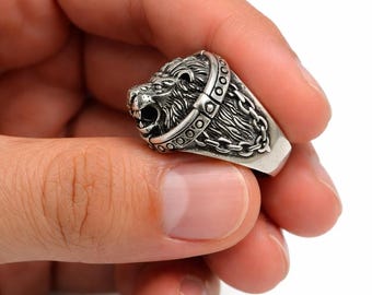 Anillo de sello con cabeza de león de plata de ley, joyería llamativa con diseño de animal, accesorio masculino hecho a mano.