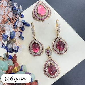 Ruby Set, Authentic Set, Handmade Set Women, Turkish Handmade, Ladies Jewelry Set, Earring, Pendant, Ladies Set, 925k Sterling Silver