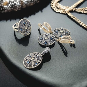 Authentic Set, Handmade Set Women, Turkish Handmade Ladies Set, Ring, Earring, Pendant, Ladies Set, 925k Sterling Silver, Mom Day Gift
