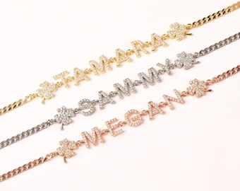 Personalized Iced Out Sterling Silver Name Bracelet, Clover Charm
