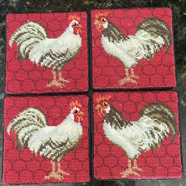 Set of 4 Needlepoint Rooster & Hens Chickens Coasters Farmhouse Country 4x4 in