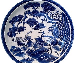 Vtg Asian Japanese Pottery White Blue Platter Large Bowl Tray Fuji Tohki 12.5"