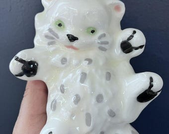 Vintage Cat Figurine Ceramic Laying Playing Kitten Animal Decor White Handpaint
