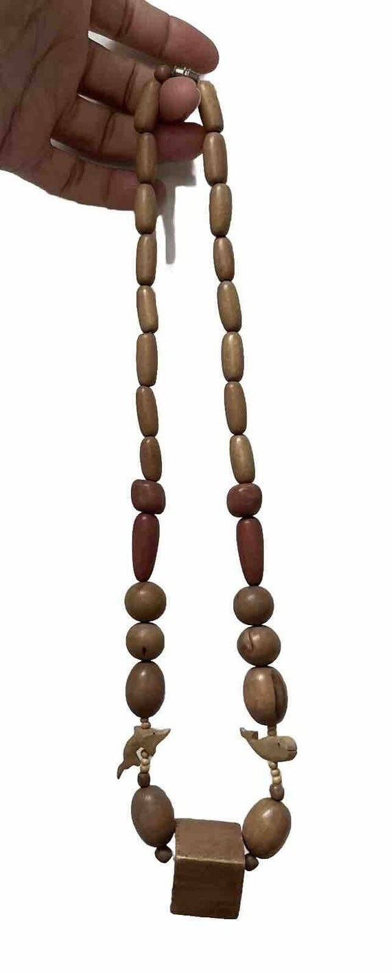 Vtg Wooden Beaded Necklace Carved Beads Barrel Cl… - image 6