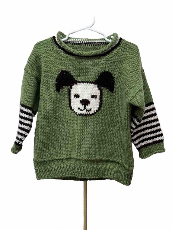 Handknitted Roo Designs Puppy Green Kids Sweater R